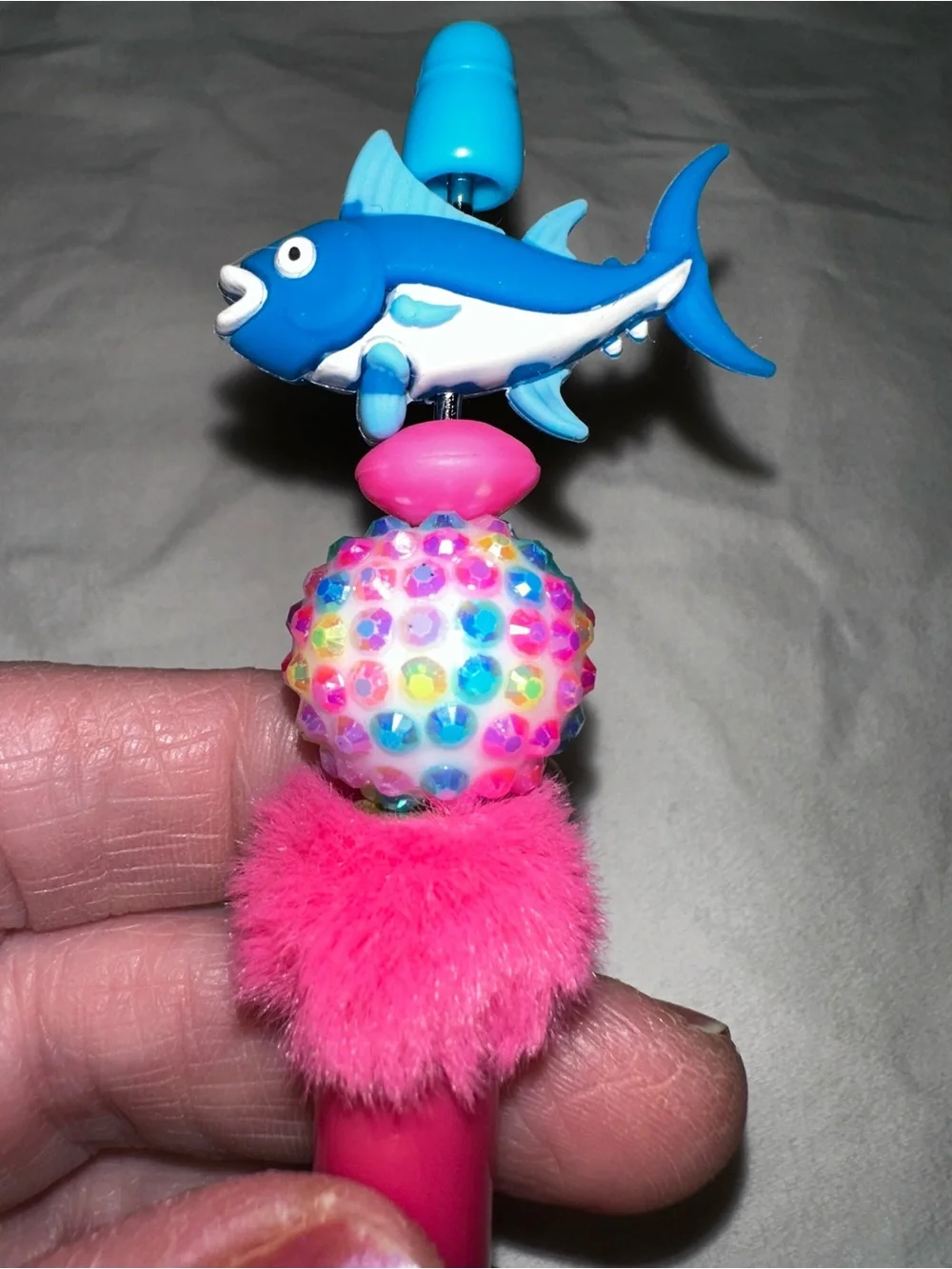 Blue Shark Top Pink Pom Pom Pen